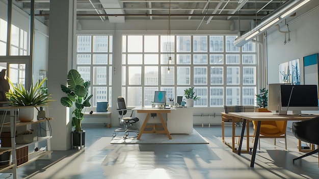 Trendy modern open concept loft office space with big windows natural light and a la Generative AI