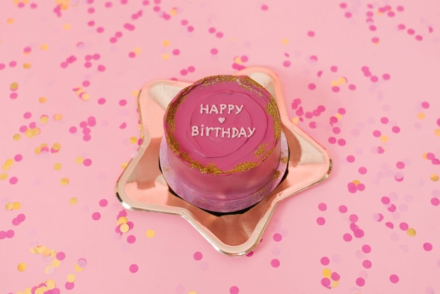 Trendy pink and gold birthday cake bento on a golden plate in the shape of a star on a pink background with confetti