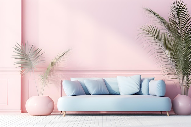 Trendy pink living room with blue sofa simple home decor generative ai