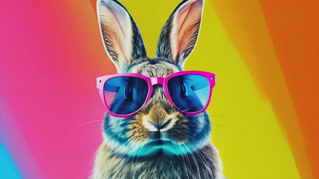 A trendy rabbit bunny wearing pink sunglasses poses against a colorful background