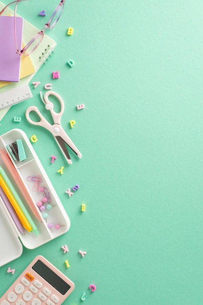 Trendy school supplies setup Vertical top view of girlish notebooks pencil case pens pins clips scissors calculator letters on appealing teal background Space for text or advert integration