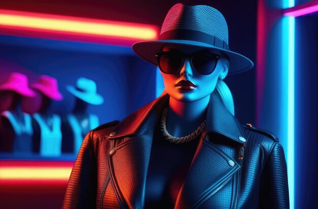 trendy shopping fashion sale mannequin of woman in hat and sunglasses in store with neon light