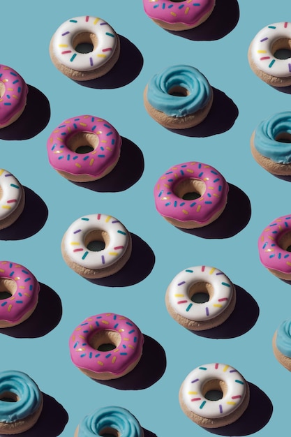 Trendy sunlight seamless pattern made of three colorful doughnut toys with sharp shadow on blue turquoise background Minimal food summer concept with copy space