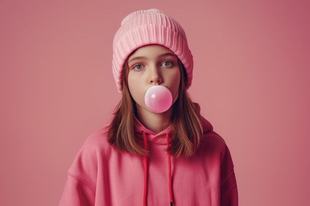 Photo trendy teen with skateboard blowing bubble gum on pink background