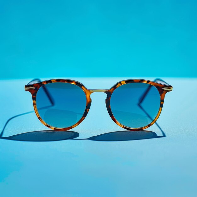 Trendy tortoise sunglasses resting on a vibrant blue background