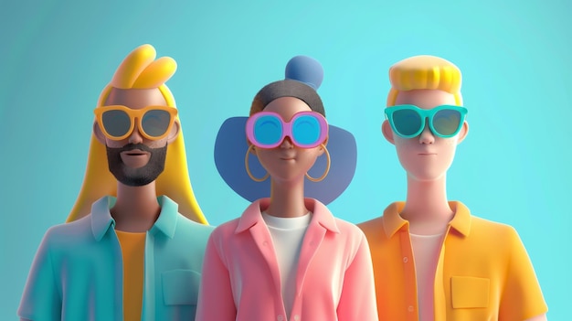 Trendy trio cartoon characters with sunglasses