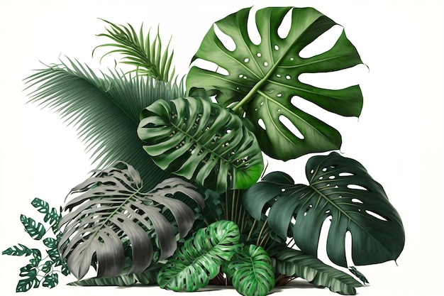 Trendy tropical green plant on white background digital painting artwork 3D rendering