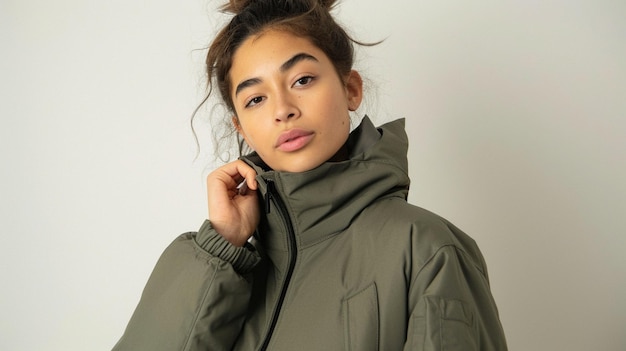 Trendy Urban Fashion Stylish Model in Olive Green Winter Jacket