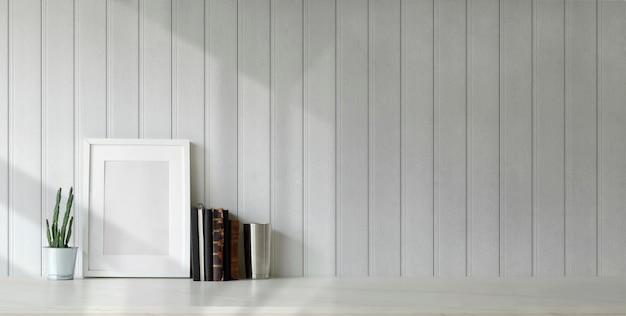 Trendy workplace with office supplies and copy space on white table and white plank wall