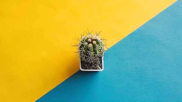 Trendy yellow geometric background with small cactus on edge of blue diagonal stripe