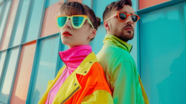 Trendy young couple wearing vibrant neoncolored outfits and stylish sunglasses against a colorful modern building facade