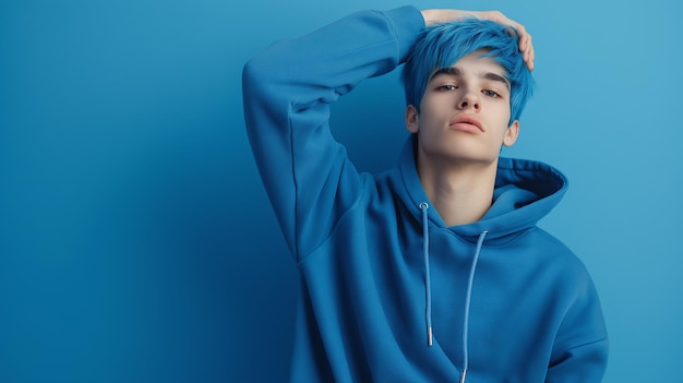 Photo trendy young man with blue hair