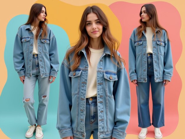 Photo trendy young woman showcasing stylish denim fashion against a vibrant colorful background