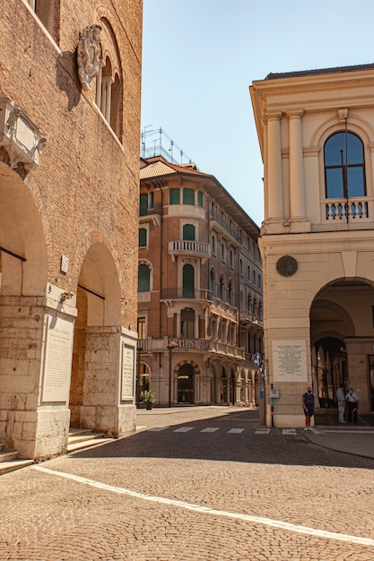 TREVISO, ITALY 13 AUGUST 2020: Architecture detail of an ancient building in Treviso city center in Italy