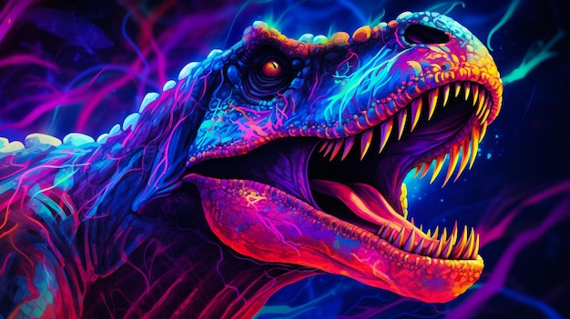 TRex dinosaur HD 4K neon glowing colorful desktop background wallpaper bright abstract Generative Ai