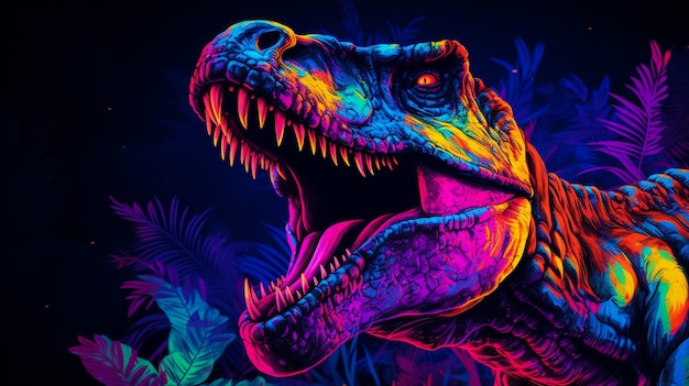 TRex dinosaur HD 4K neon glowing colorful desktop background wallpaper bright abstract Generative Ai