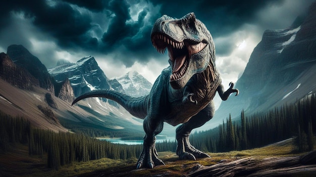 TRex Unleashes Roar in Majestic Stormy Mountain Valley Scene