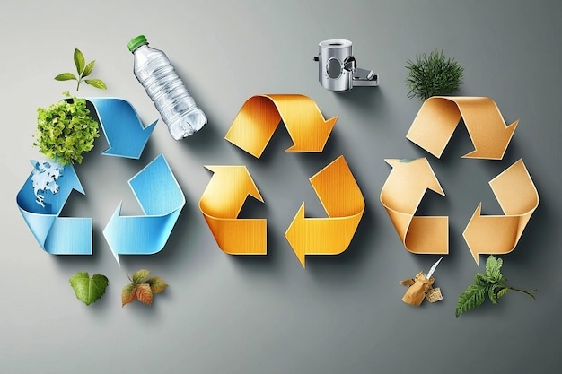 Photo tri color recycling symbols made from various materials emphasizing the diversity of recyclable mat