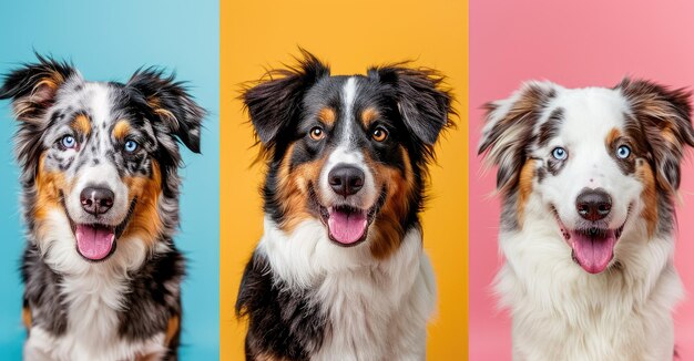 Triad of Charm Three Australian Shepherds Against Vivid Backdrops Generative AI