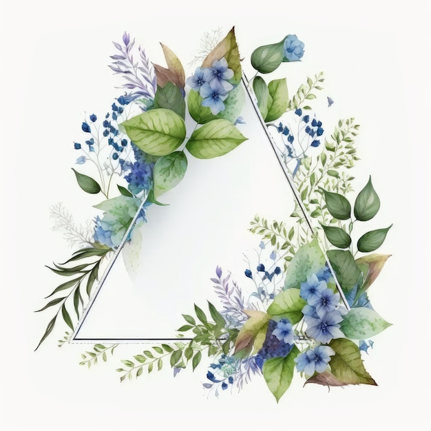 Triangle frame of blue flower and green leaves with watercolor painting