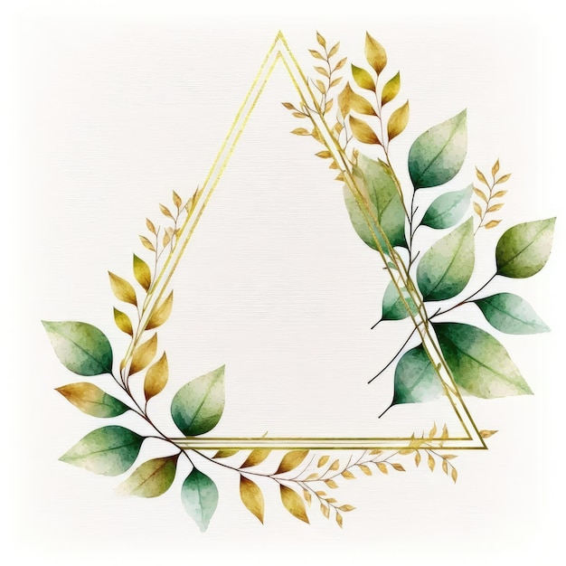 Triangle frame of green and golden leaves with watercolor painting