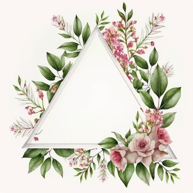 Triangle frame of pink flower and green leaves with leave watercolor painting