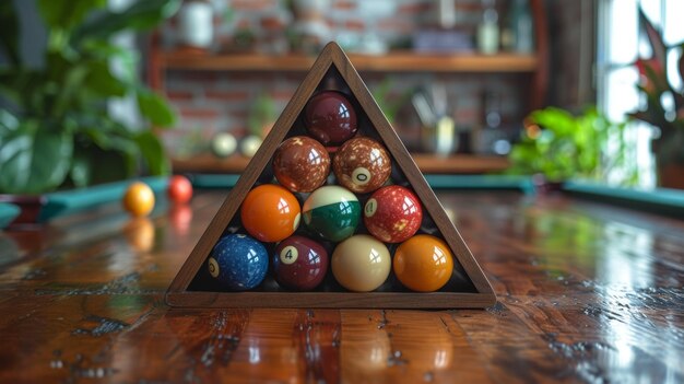 Triangle Rack with Billiard Balls on Wooden Table in Cozy Room Setting