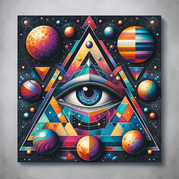 a triangle with an eye and all the planets around it