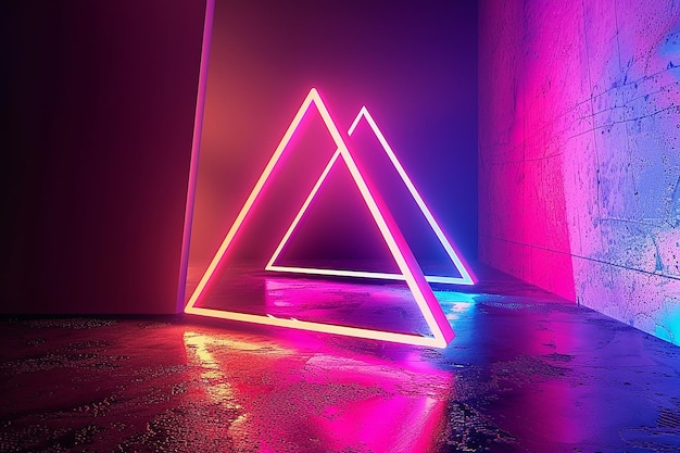 A triangle with purple and blue neon lights on it