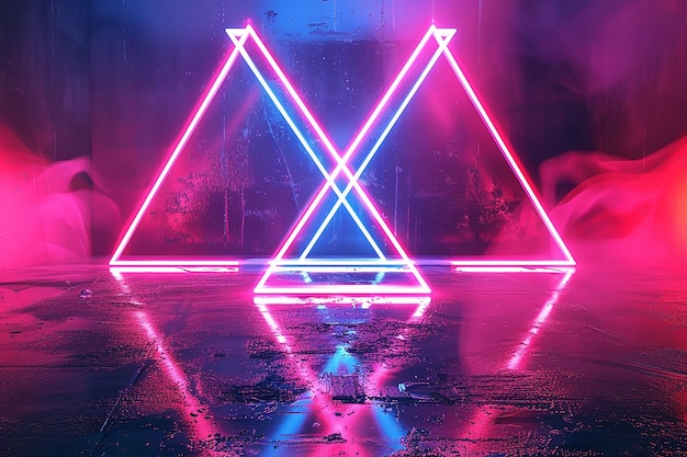 A triangle with purple and blue neon lights on it