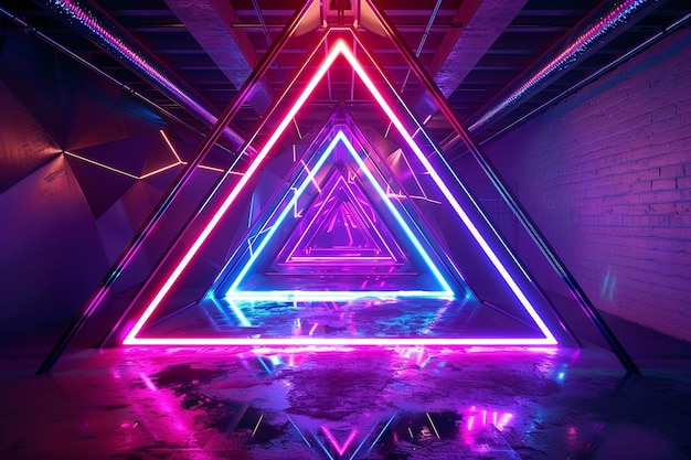 A triangle with purple and blue neon lights on it