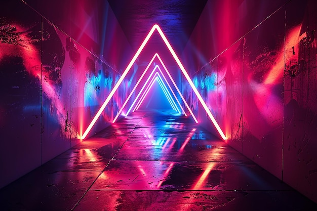 A triangle with purple and blue neon lights on it