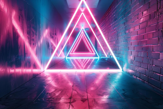 A triangle with purple and blue neon lights on it