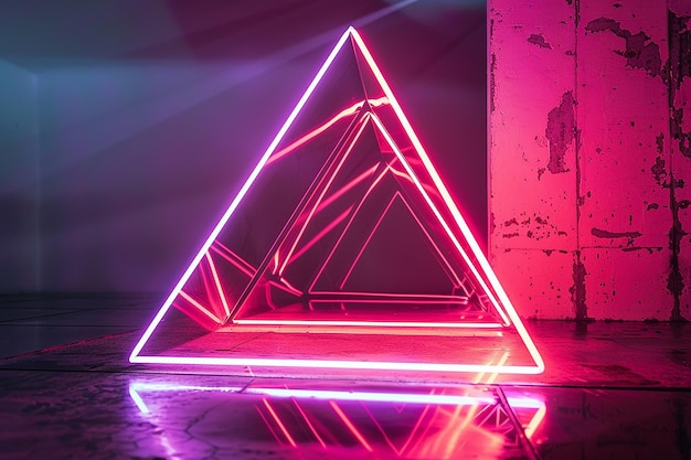 A triangle with purple and blue neon lights on it