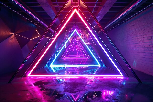 A triangle with purple and blue neon lights on it