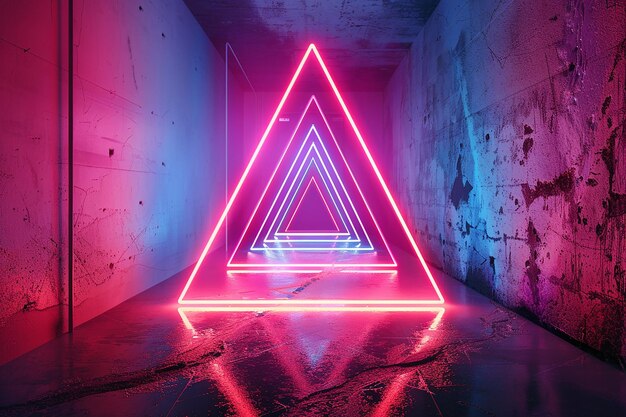 A triangle with purple and blue neon lights on it