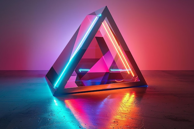 A triangle with purple and blue neon lights on it