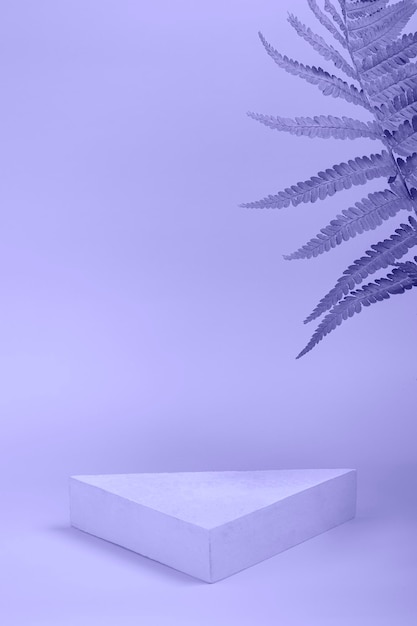 Triangular podium for displaying cosmetics and various products on a very peri background with a fern close up Vertical Format