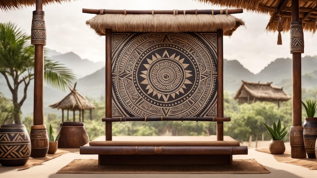 Tribal Leather Podium with tribal village Background