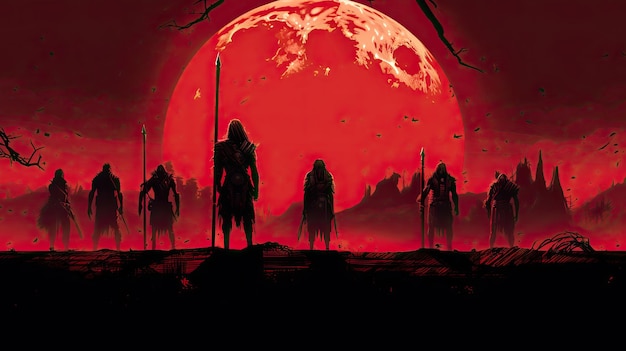 Tribal warriors under a blood moon