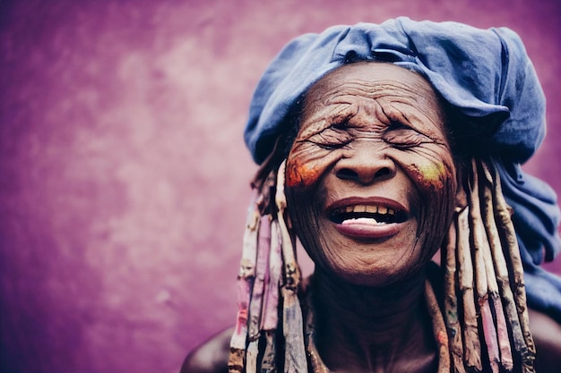 tribe very old African woman crying and laughing at the same time