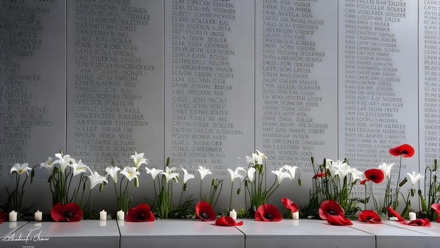 Photo tribute of remembrance a memorial wall adorned with poppies and lilies