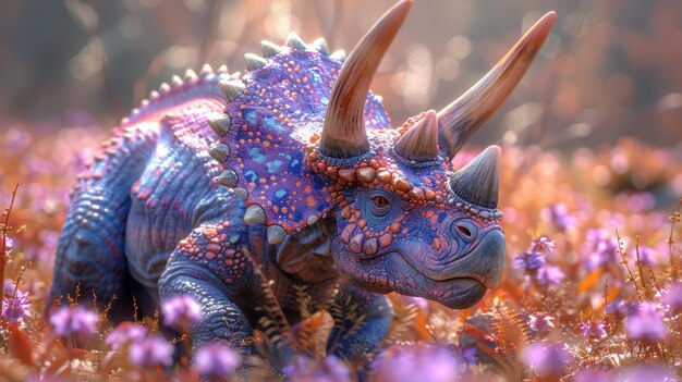 Photo triceratops in a field of flowers