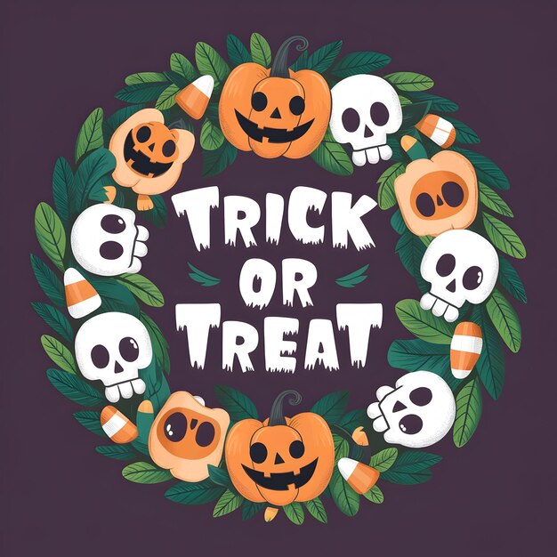 Trick or Treat Wreath with Skulls Pumpkins and Candy Corn