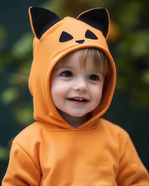 Photo trickortreat preschooler in a playful disguise enjoying halloween fun set against a vibrant green background