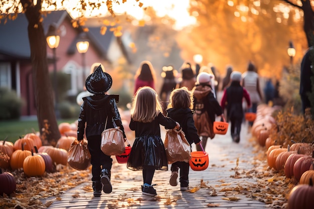 TrickorTreaters Children dressed in various scary Halloween costumes holding their treat bags and