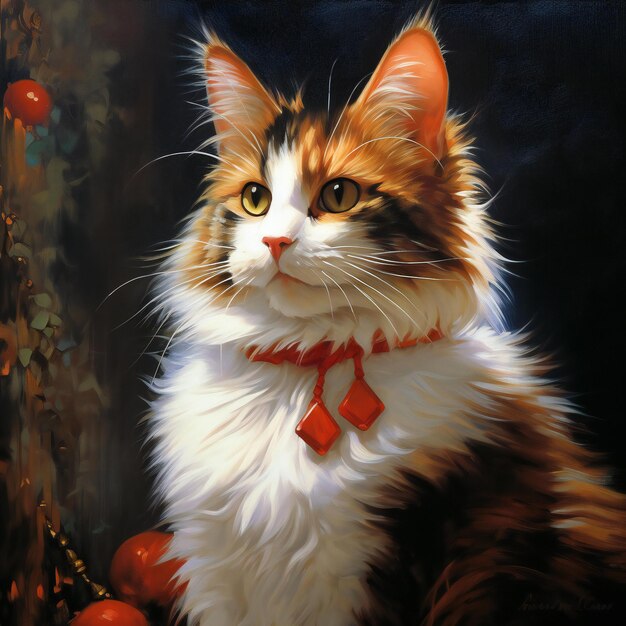 Tricolor cat with red bow tie and tangerines