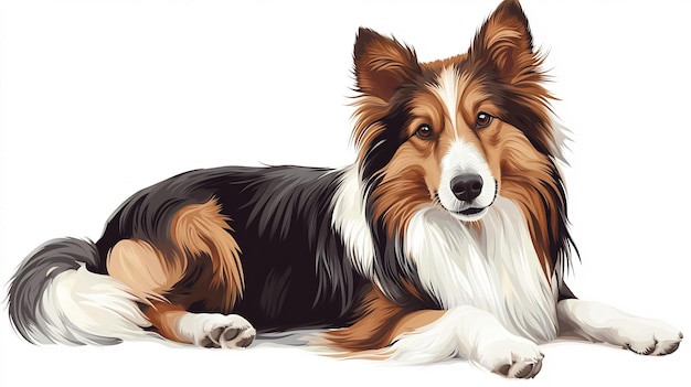 Tricolor Collie dog laying down white background