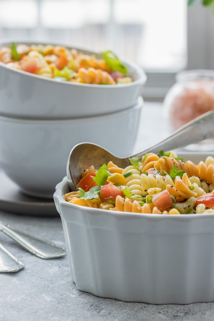 Tricolor pasta salad with vegetables