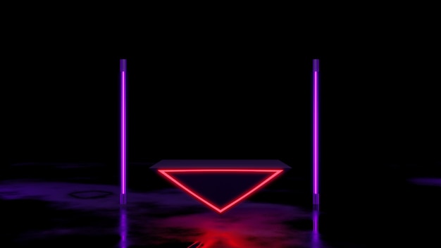 tridimensional geometric pedestal with neon light on wet floor, empty stage for product showcase,